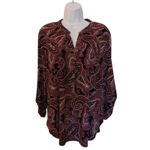 Cato Bohemian Paisley Print Black Rust White Women's Top Size L